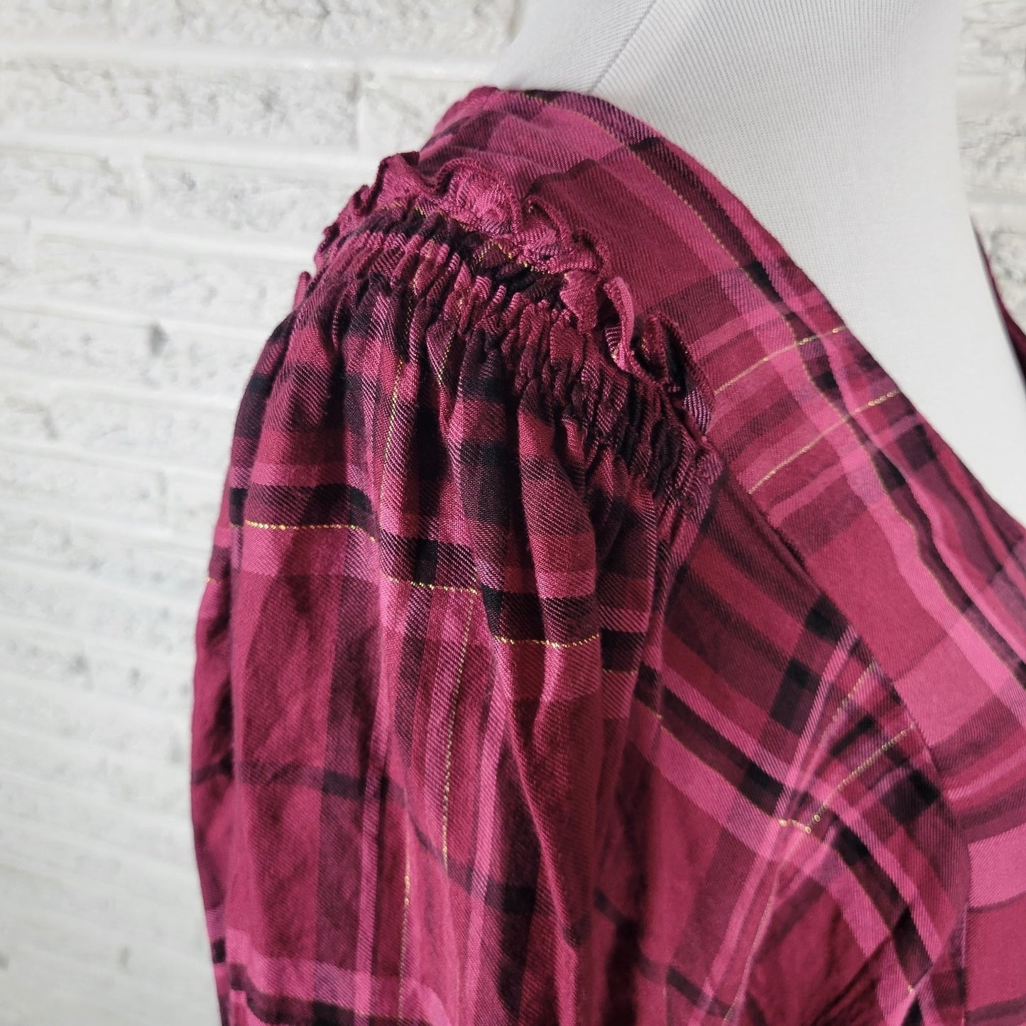 Cato Womens Top XL Peasant Baby Doll Rayon Smocked Button Detail Burgundy Plaid