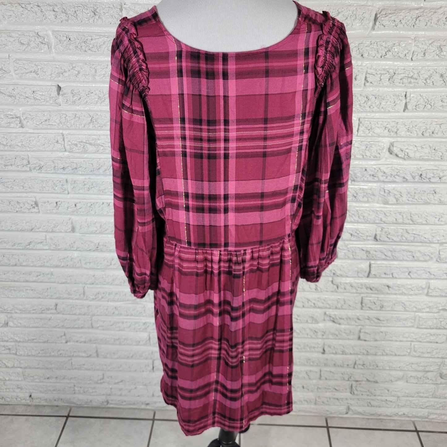 Cato Womens Top XL Peasant Baby Doll Rayon Smocked Button Detail Burgundy Plaid