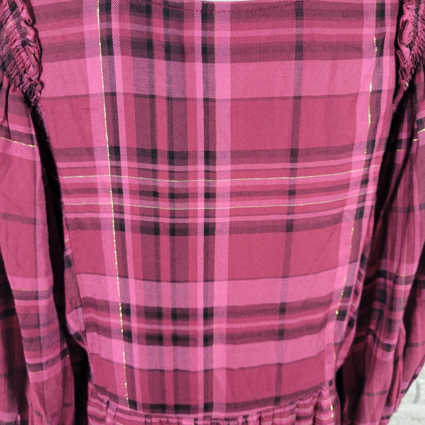 Cato Womens Top XL Peasant Baby Doll Rayon Smocked Button Detail Burgundy Plaid