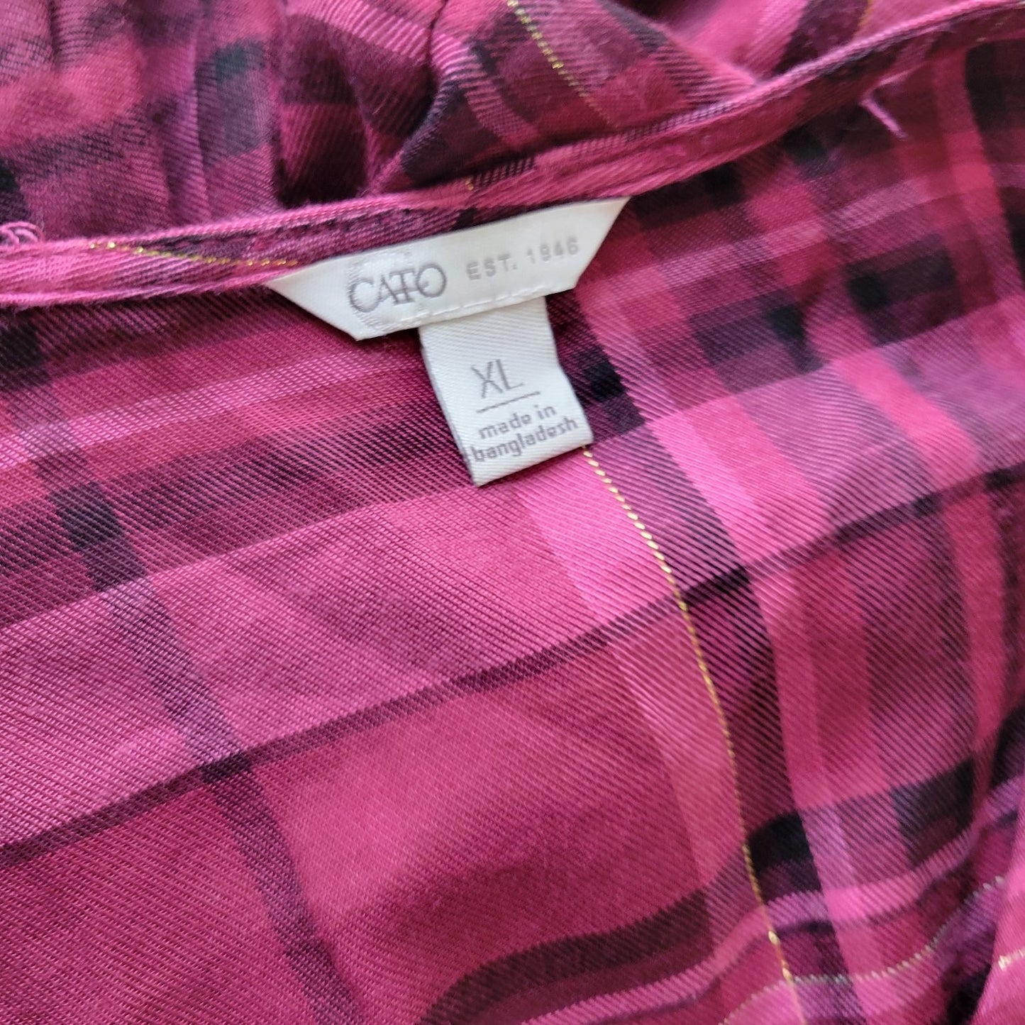 Cato Womens Top XL Peasant Baby Doll Rayon Smocked Button Detail Burgundy Plaid