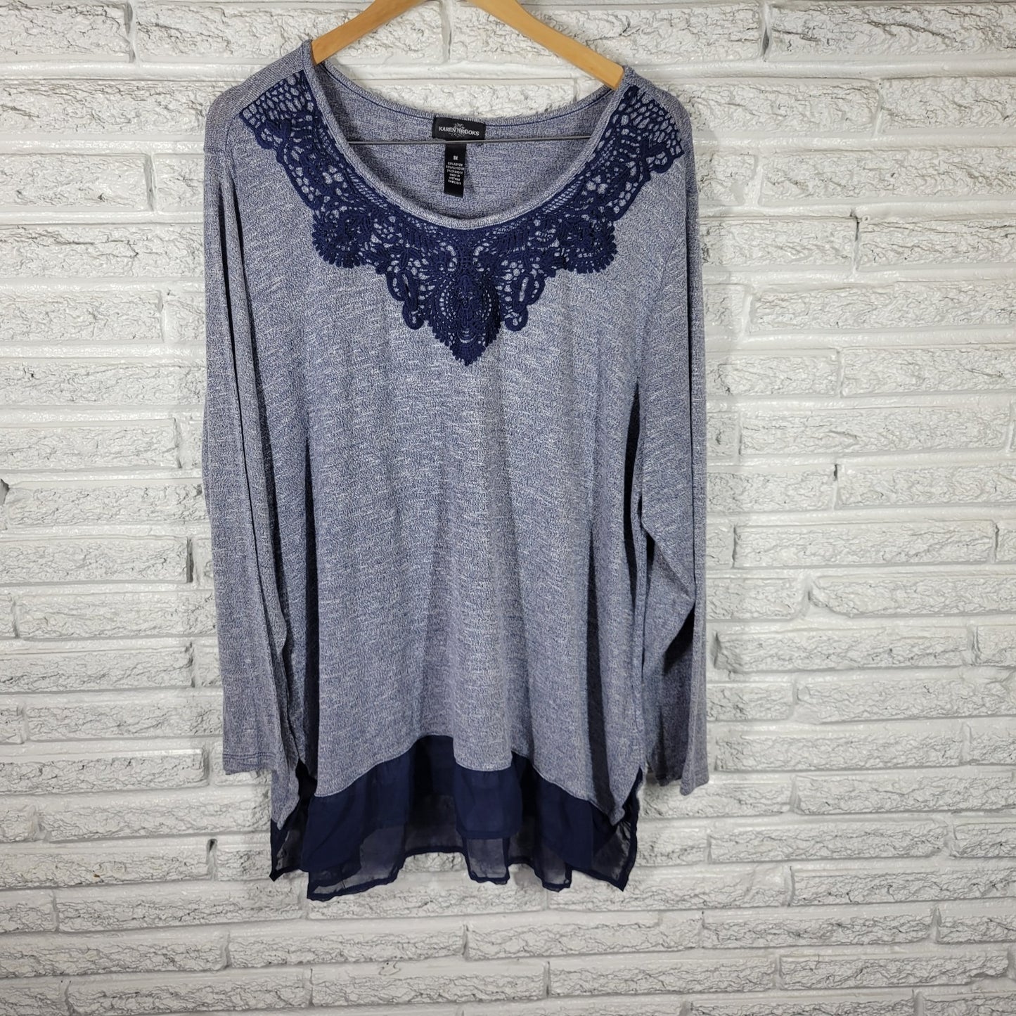 Karen Brooks Women's Plus Size 3X Gray Tunic Long Sleeve Chiffon Hem Crochet Top