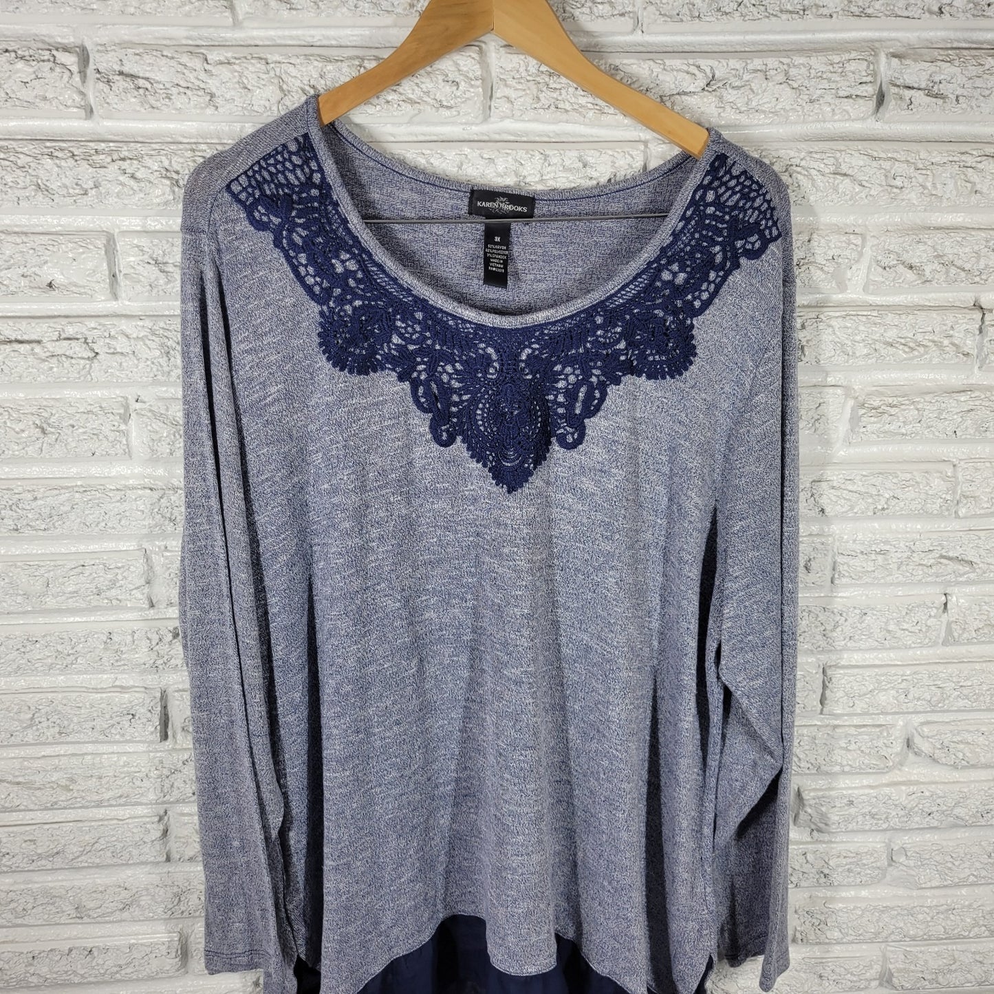 Karen Brooks Women's Plus Size 3X Gray Tunic Long Sleeve Chiffon Hem Crochet Top