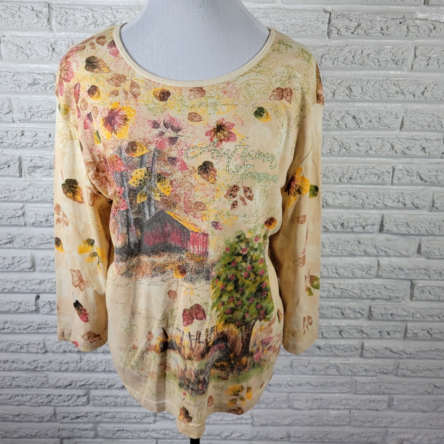 Studio Collection Womens Top XL Lightweight Autumn Treasures Studded Farmscape