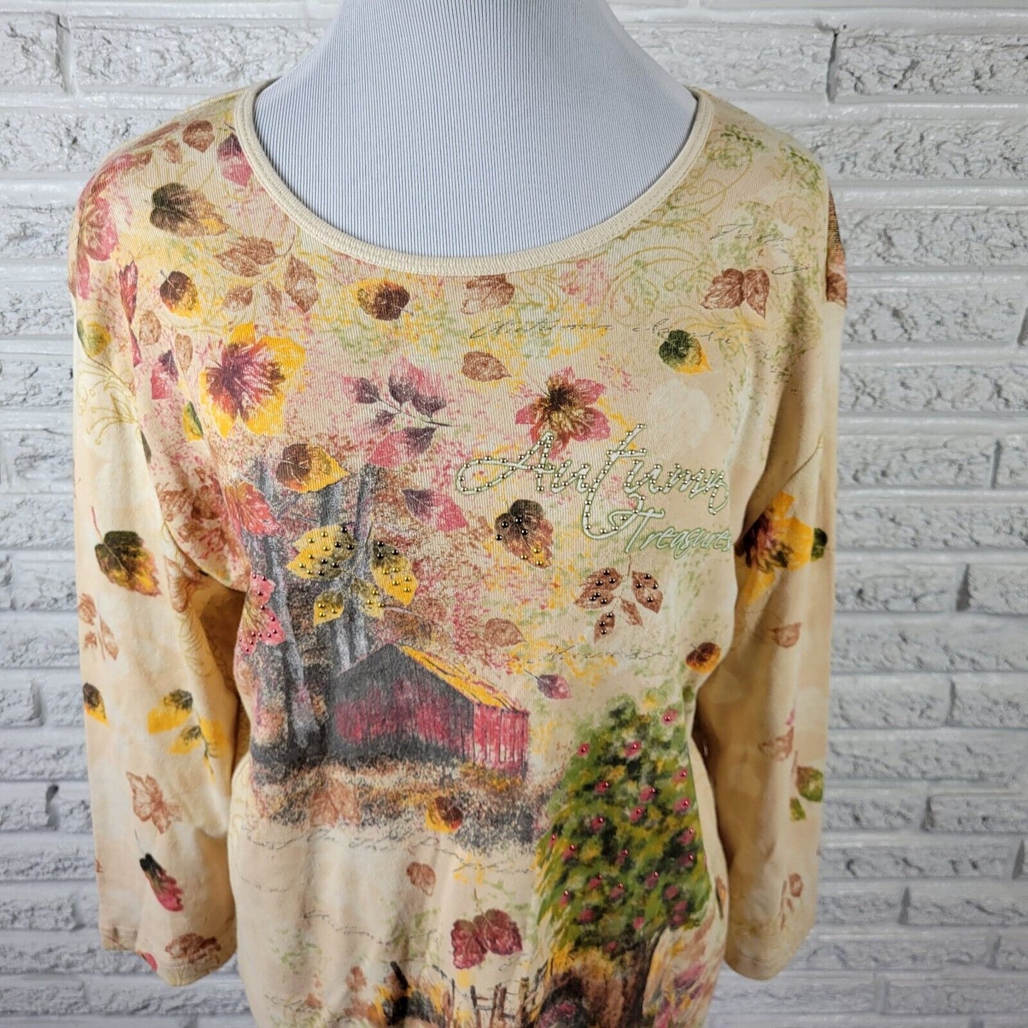 Studio Collection Womens Top XL Lightweight Autumn Treasures Studded Farmscape