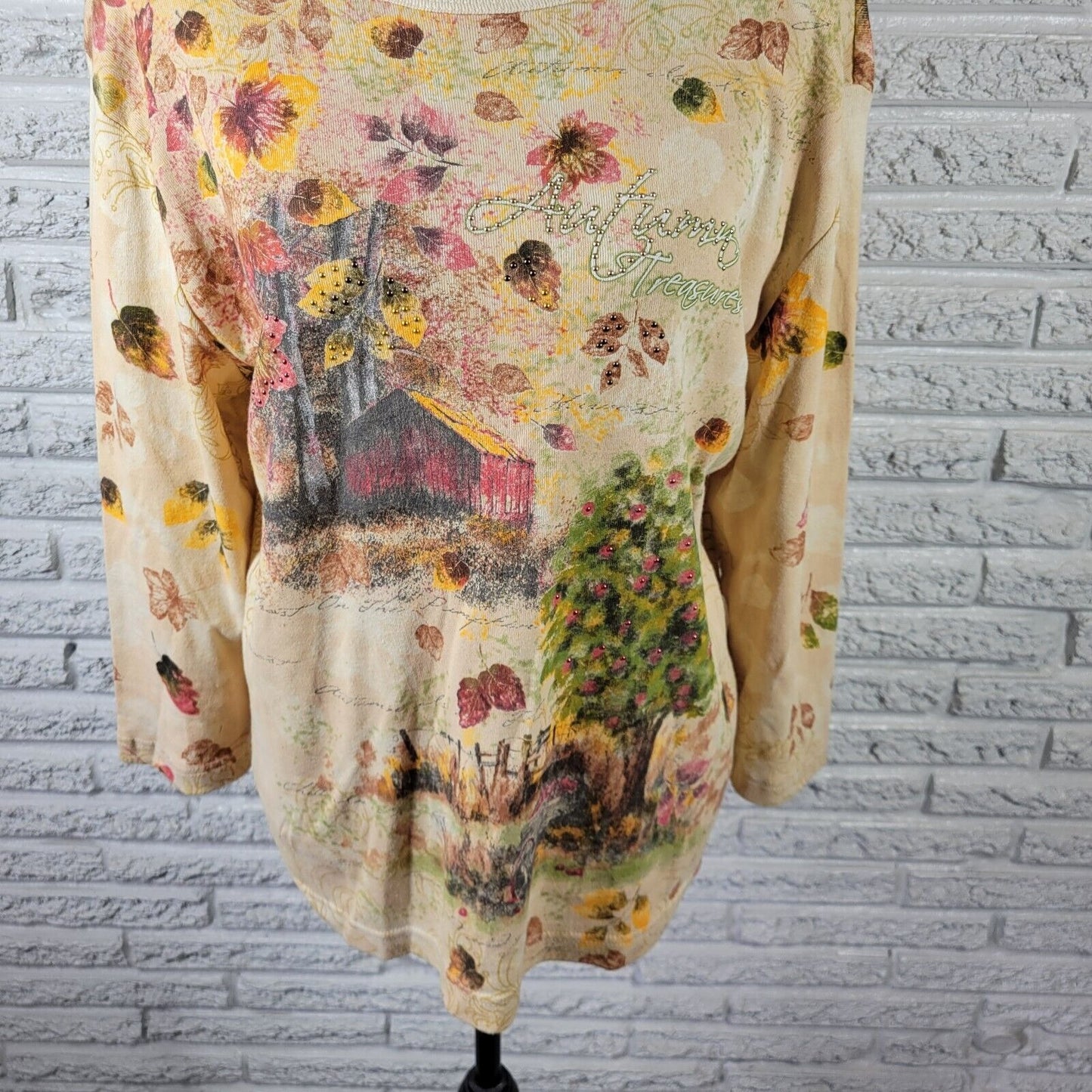 Studio Collection Womens Top XL Lightweight Autumn Treasures Studded Farmscape