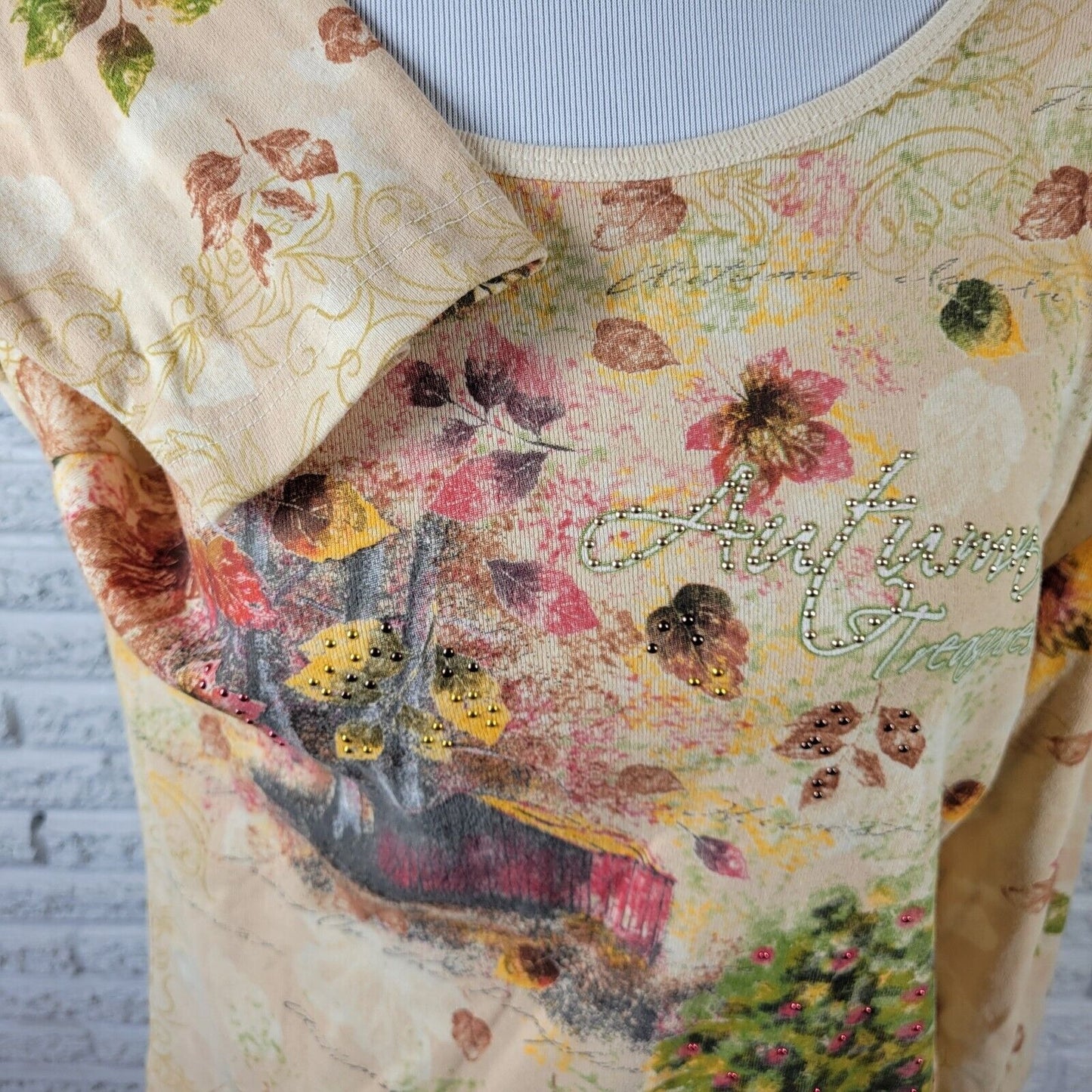 Studio Collection Womens Top XL Lightweight Autumn Treasures Studded Farmscape