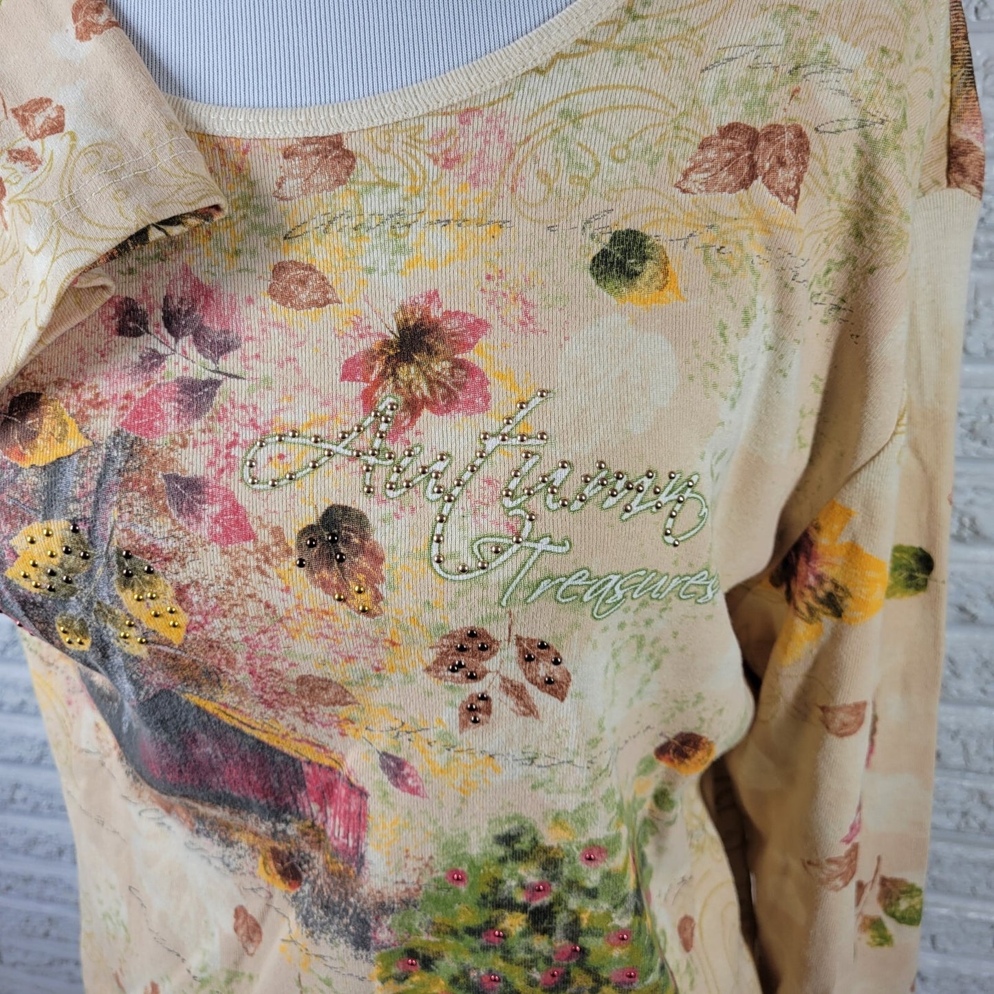 Studio Collection Womens Top XL Lightweight Autumn Treasures Studded Farmscape