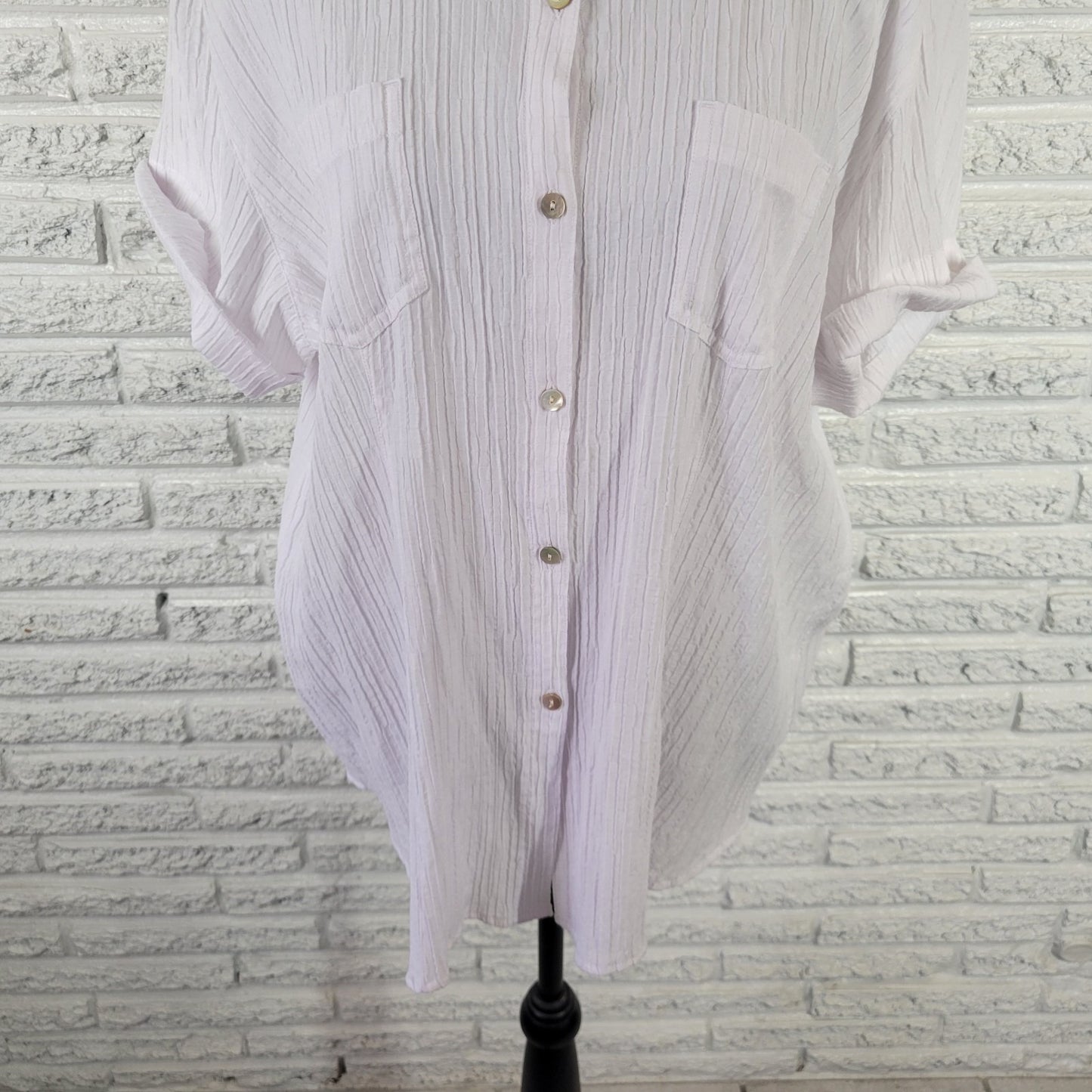 Chicos Womens Top 3 Standard XL Cuff Sleeve White Crinkle Crepe Pockets Office
