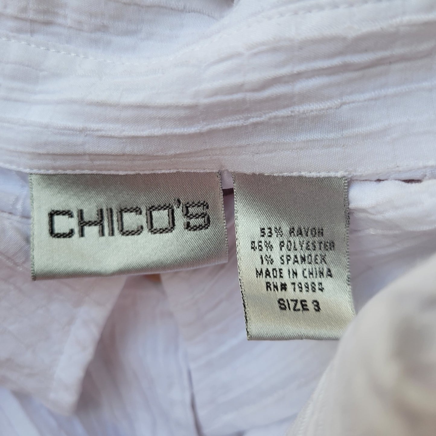 Chicos Womens Top 3 Standard XL Cuff Sleeve White Crinkle Crepe Pockets Office