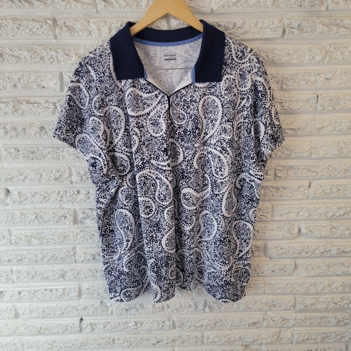 Basic Editions Womens Top 3X Plus Short Sleeve Blue Paisley Slits Cotton Blend