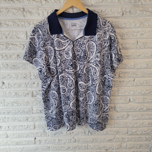Basic Editions Womens Top 3X Plus Short Sleeve Blue Paisley Slits Cotton Blend