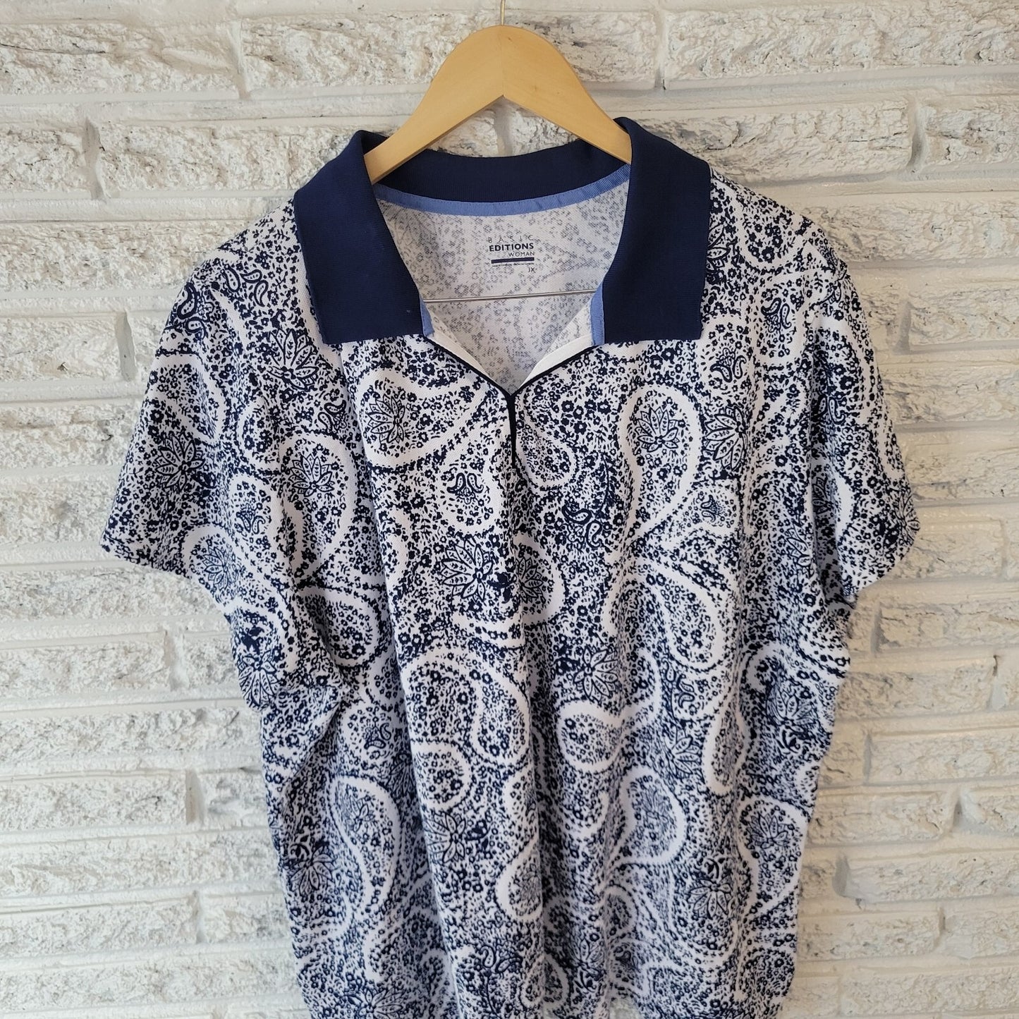 Basic Editions Womens Top 3X Plus Short Sleeve Blue Paisley Slits Cotton Blend