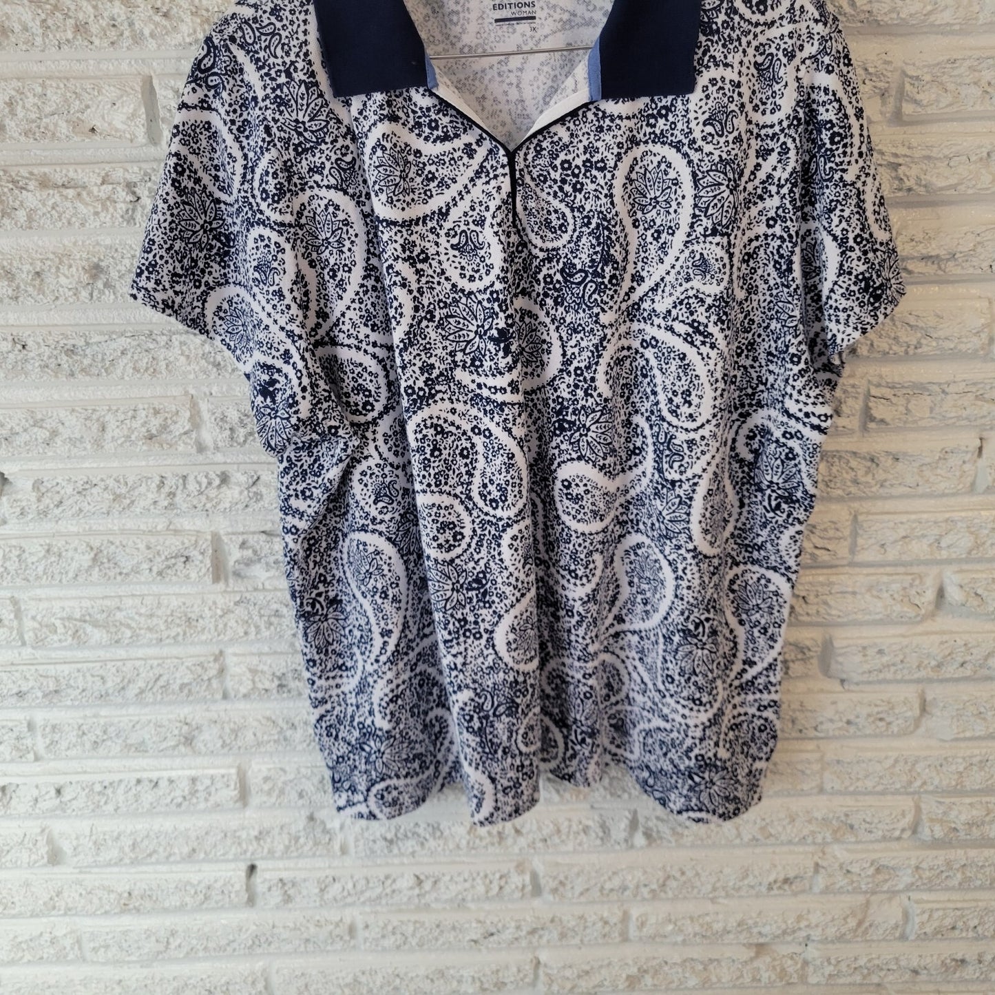 Basic Editions Womens Top 3X Plus Short Sleeve Blue Paisley Slits Cotton Blend