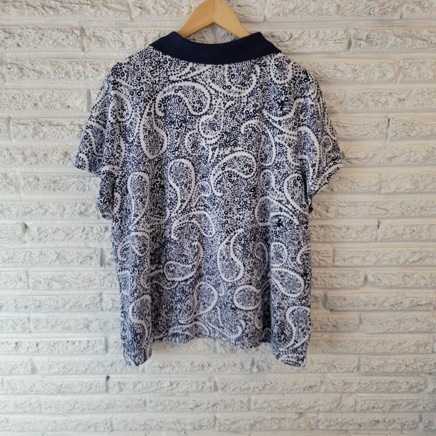 Basic Editions Womens Top 3X Plus Short Sleeve Blue Paisley Slits Cotton Blend