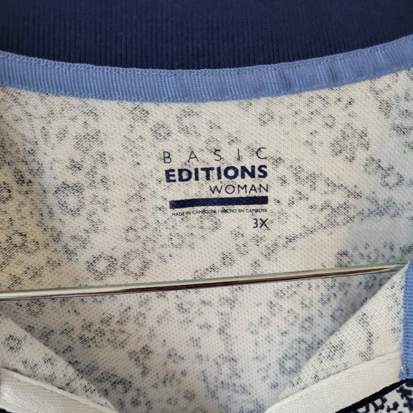 Basic Editions Womens Top 3X Plus Short Sleeve Blue Paisley Slits Cotton Blend