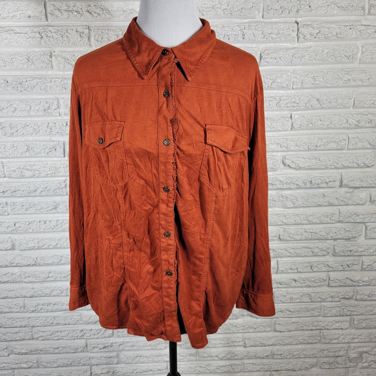 Susan Graver Women Top 1X Plus Burnt Orange Soft Velour Button Up Lightweight