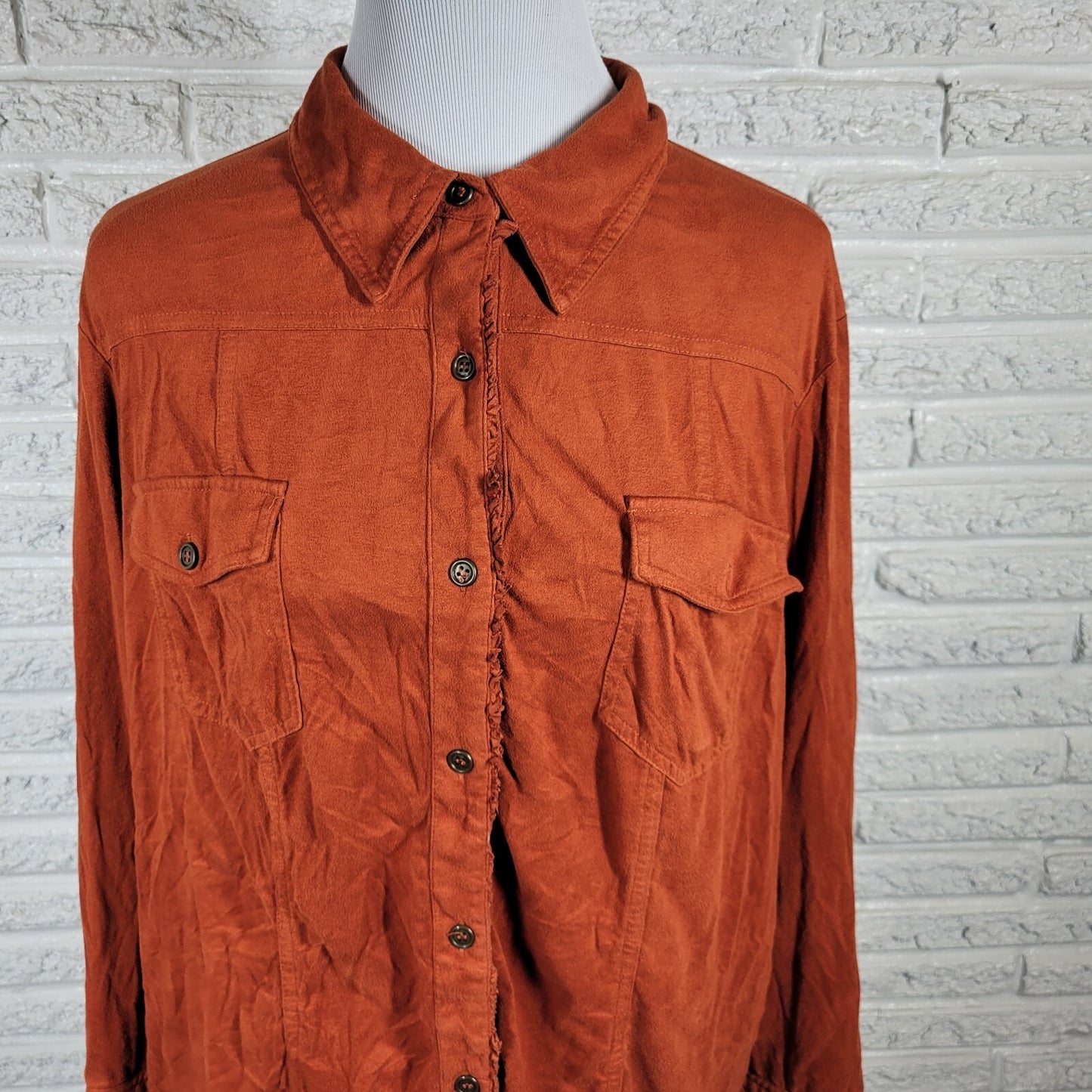 Susan Graver Women Top 1X Plus Burnt Orange Soft Velour Button Up Lightweight