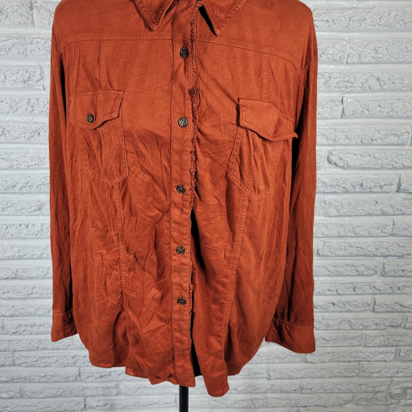 Susan Graver Women Top 1X Plus Burnt Orange Soft Velour Button Up Lightweight