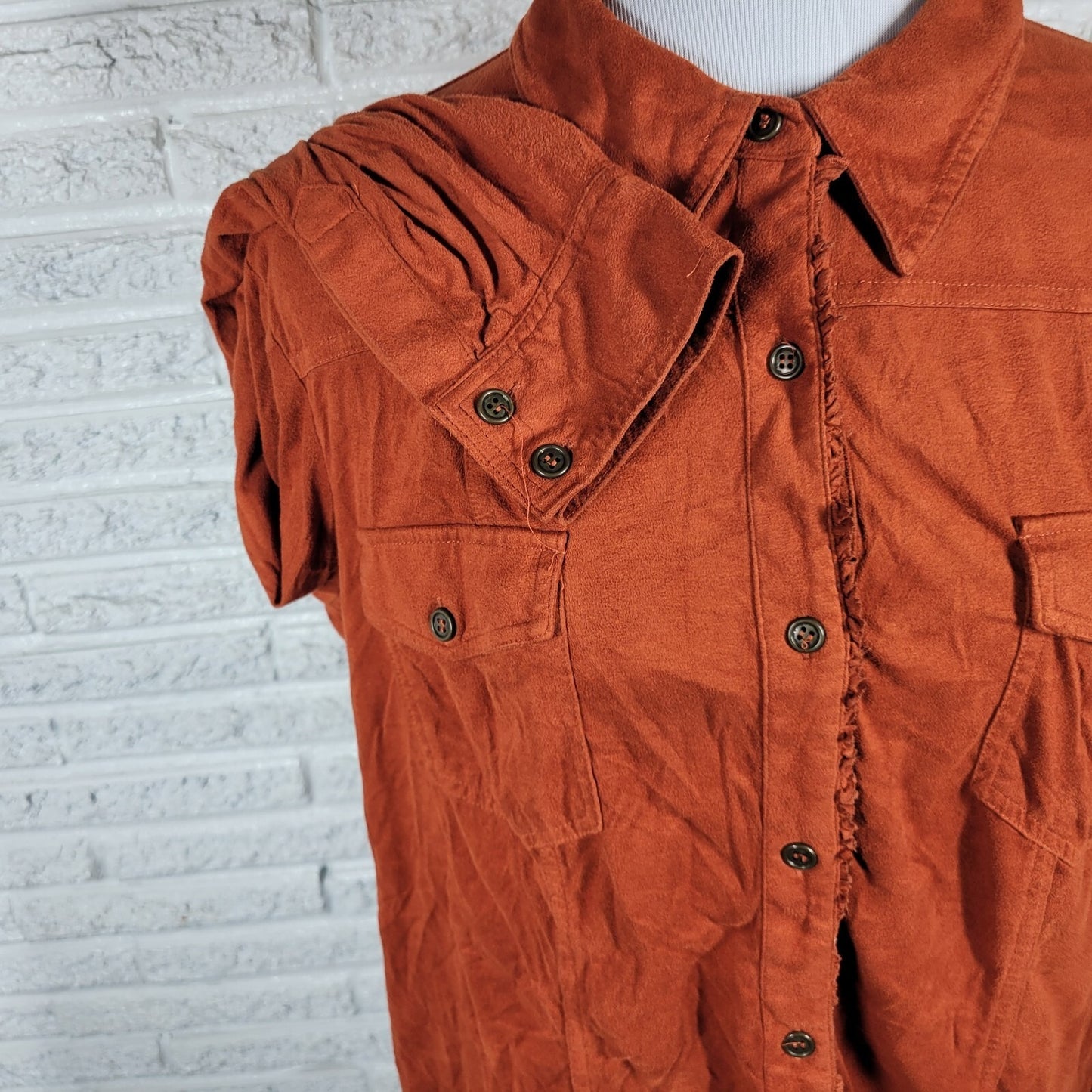 Susan Graver Women Top 1X Plus Burnt Orange Soft Velour Button Up Lightweight