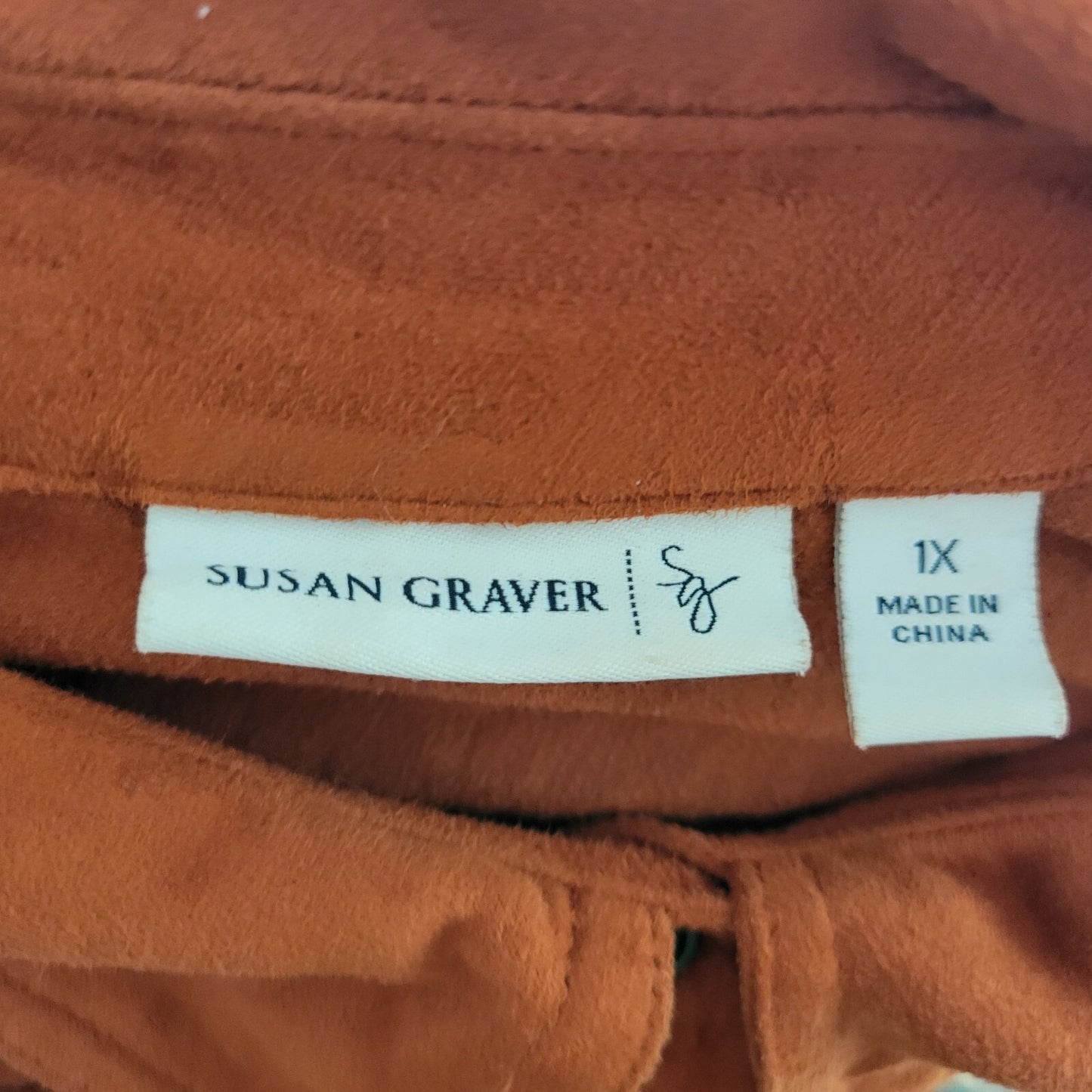 Susan Graver Women Top 1X Plus Burnt Orange Soft Velour Button Up Lightweight