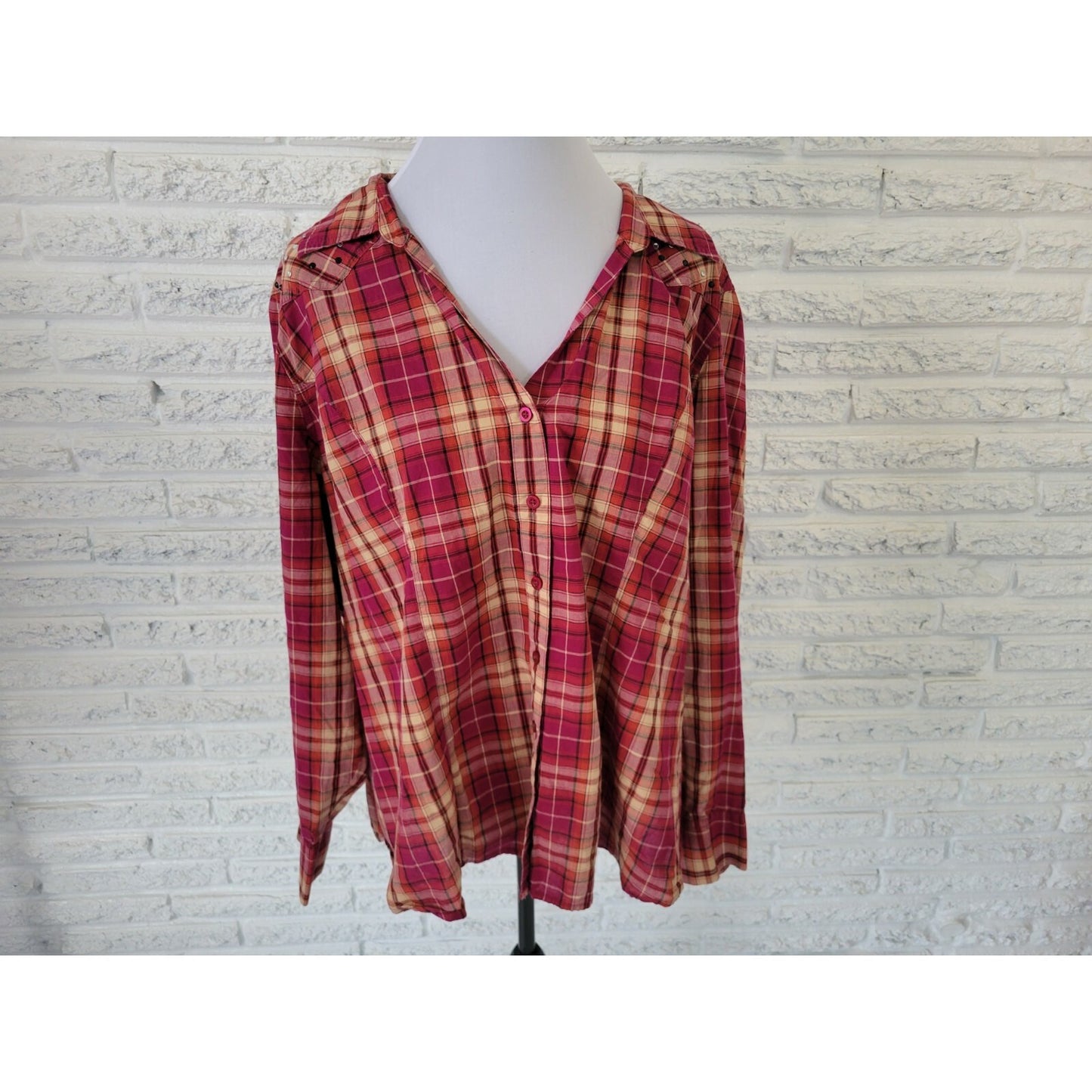 Fashion Bug Womens Shirt 3X Plus Long Sleeve Button Up Red Plaid Cotton Casual