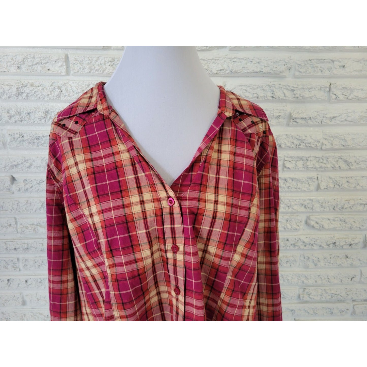 Fashion Bug Womens Shirt 3X Plus Long Sleeve Button Up Red Plaid Cotton Casual