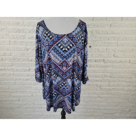 Cato Womens Top 26W 28W Casual Roll Tab Sleeve Pullover Blue Geometric Stretchy