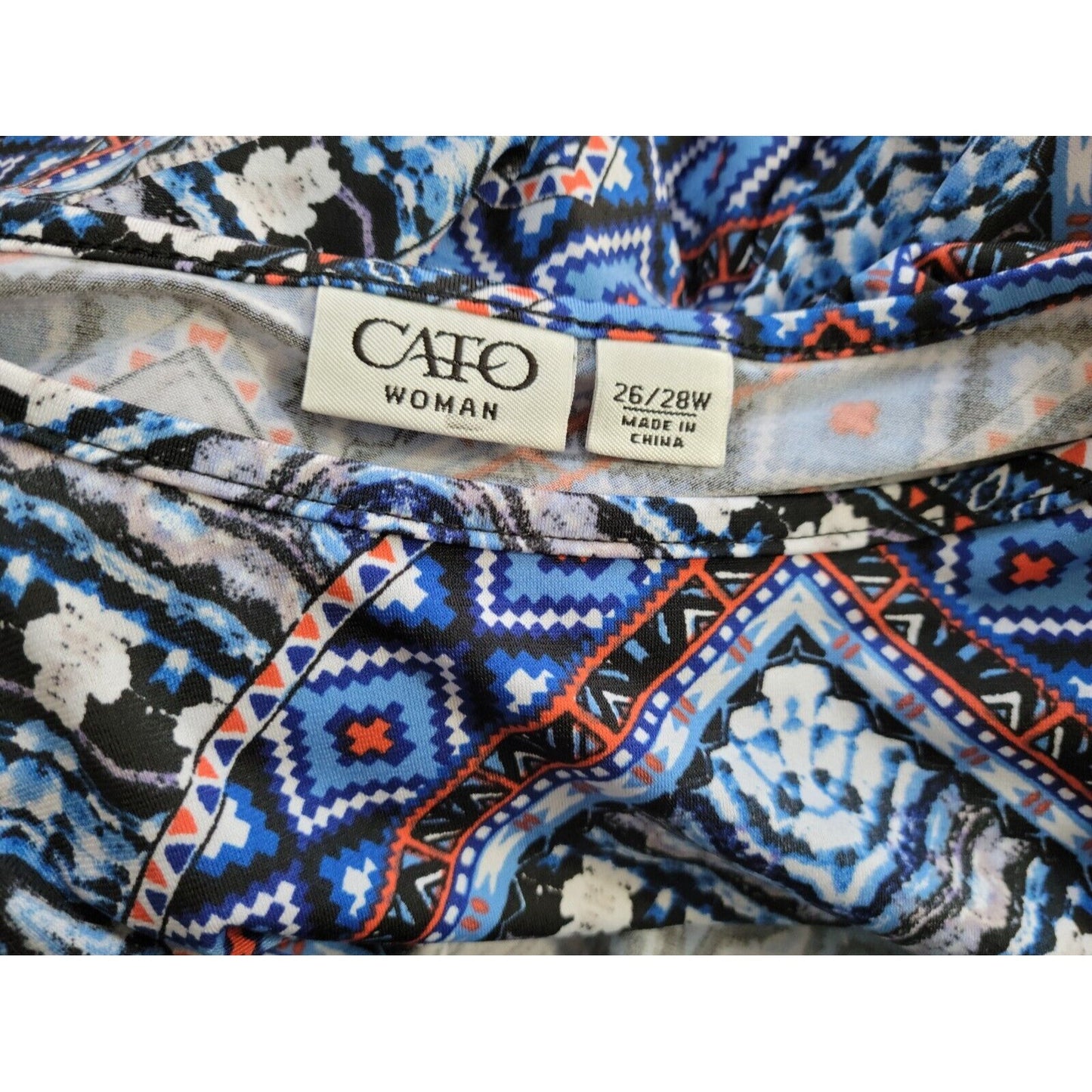 Cato Womens Top 26W 28W Casual Roll Tab Sleeve Pullover Blue Geometric Stretchy