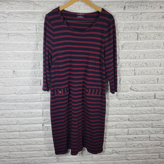 Talbots Womens Dress Extra Large XL Knit 3/4 Sleeve Burgundy Black Stripe Cotton