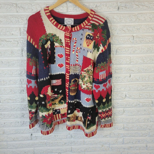 Christmas Stitches In Time Womens Sweater 1X Cardigan Chunky Embroidered Sequin