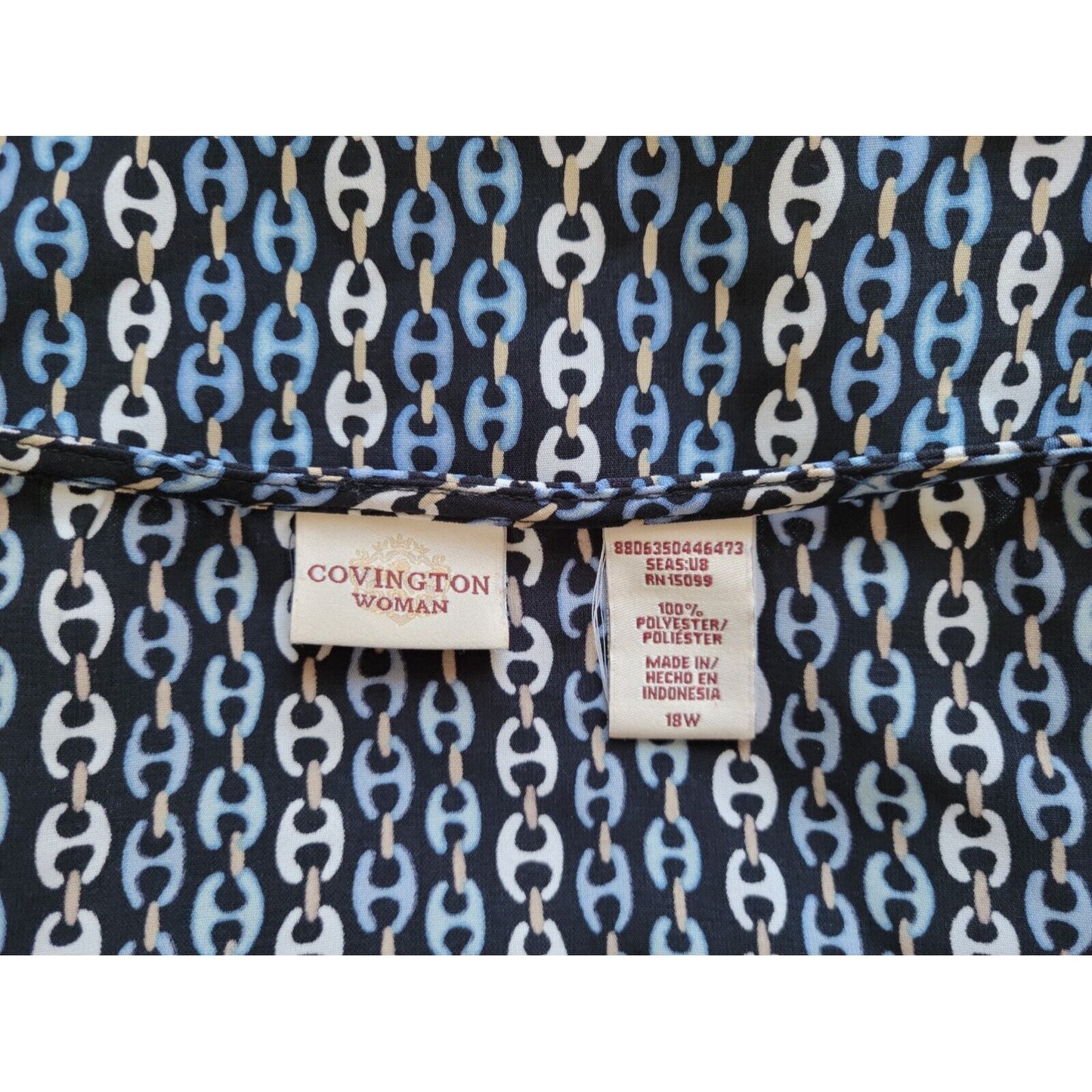 Covington Women Top 18W Plus Zip Up Short Sleeve Blue Geometric Polyester Sash