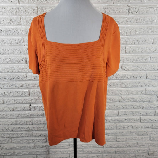 Cable Gauge Womens Top 2X Plus Short Sleeve Orange Pintucked Nylon Viscose Comfy