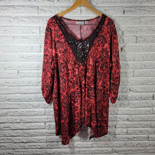 Avenue Women's 30/32 Red Damask Beaded Sequin Tunic Top Plus Size Stretch