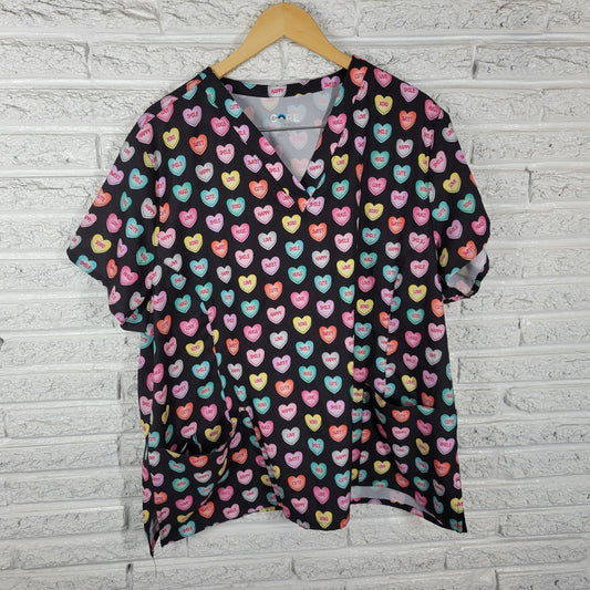 Valentines Day Core by Maevn Unisex Scrub Top 2XL Plus Heart Candy Black Medical