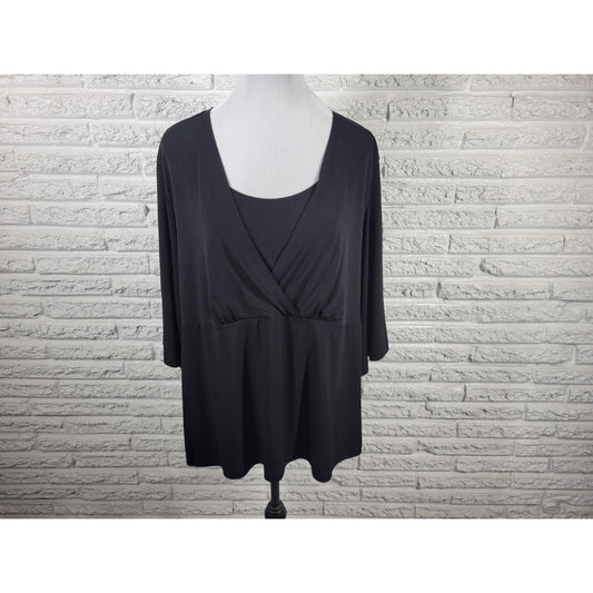 JM Collection Womens Top 3X Plus 3/4 Sleeve Black Draped Career Casual Comfy
