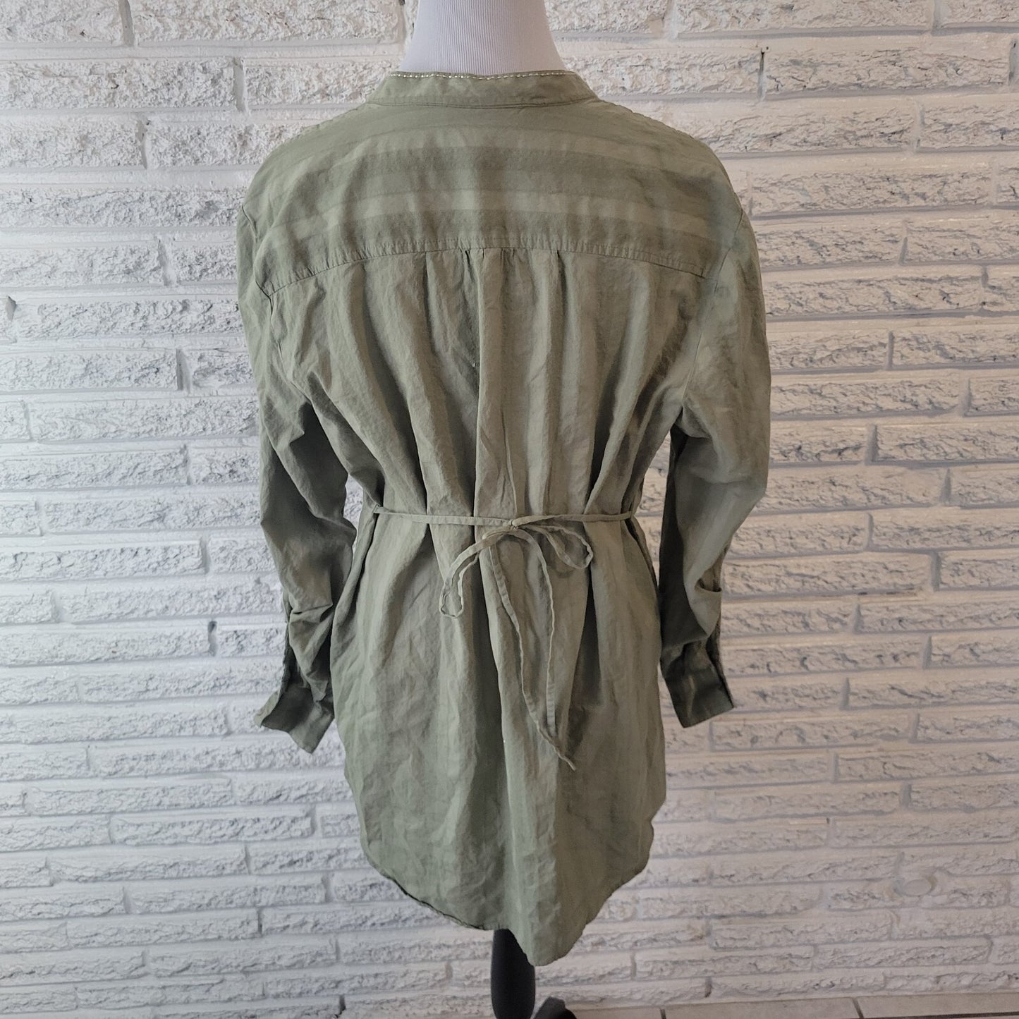 Style Co Womens Top 18 Plus Roll Tab Sleeve Green Cotton Pintucked Embroidered