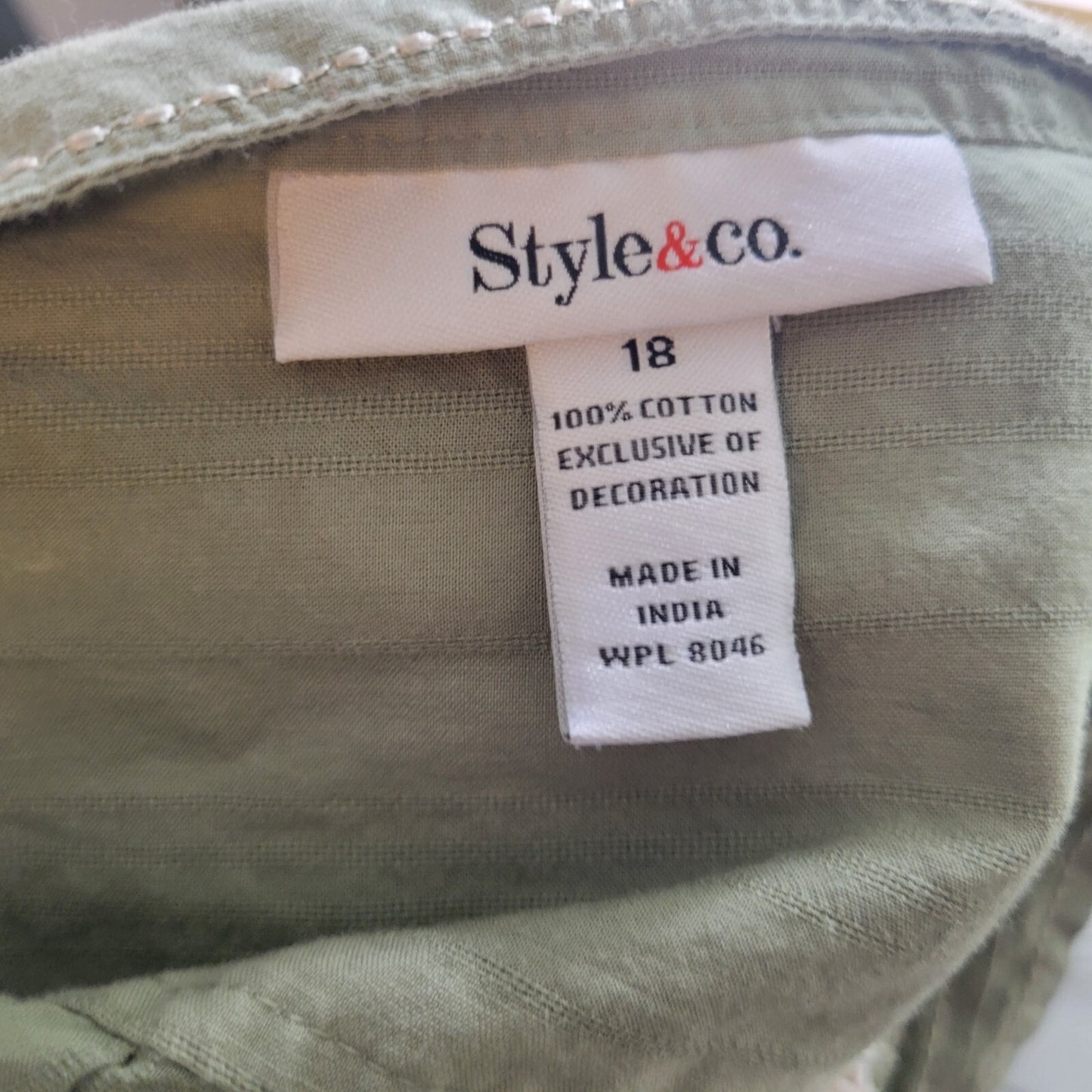 Style Co Womens Top 18 Plus Roll Tab Sleeve Green Cotton Pintucked Embroidered