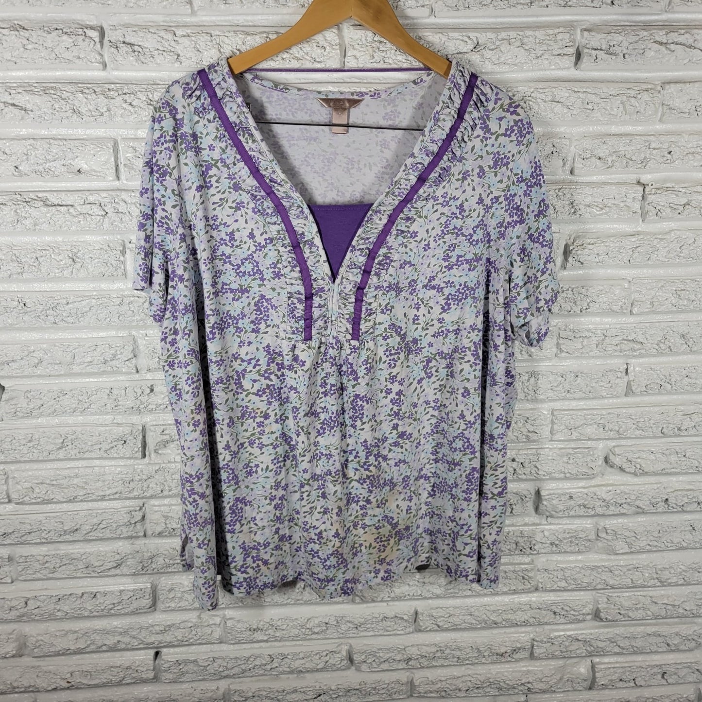 White Stag Womens Top 3X Plus Short Sleeve Cotton Blend Co Purple Floral Pleated
