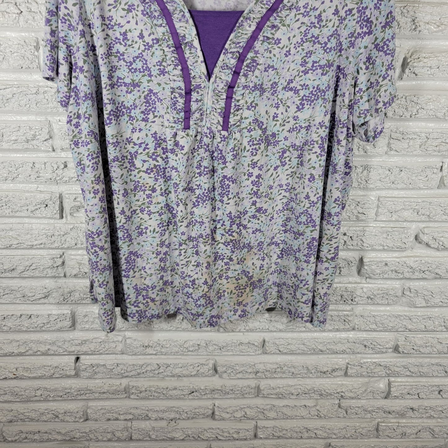White Stag Womens Top 3X Plus Short Sleeve Cotton Blend Co Purple Floral Pleated