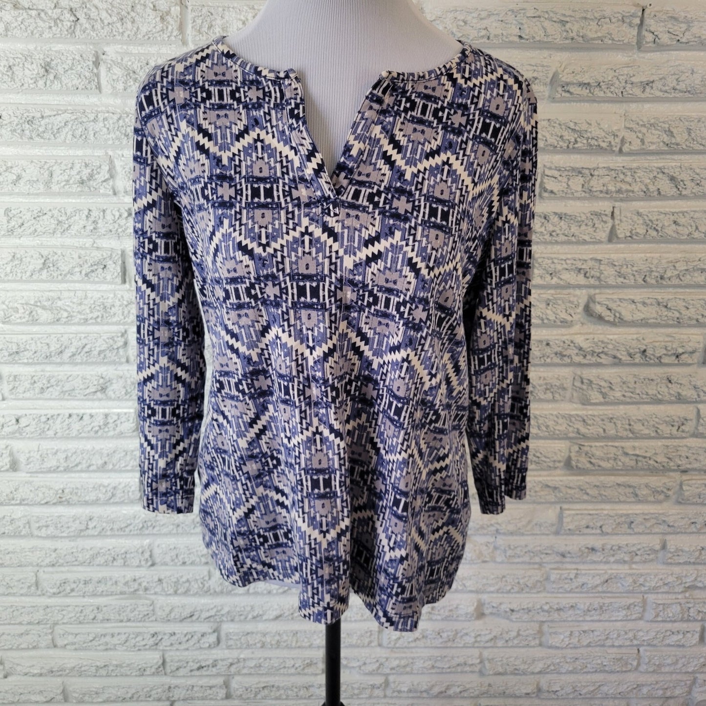 Kim Rogers Top XL Extra Large Blue Gray Geometric 3/4 Sleeve 100% Cotton