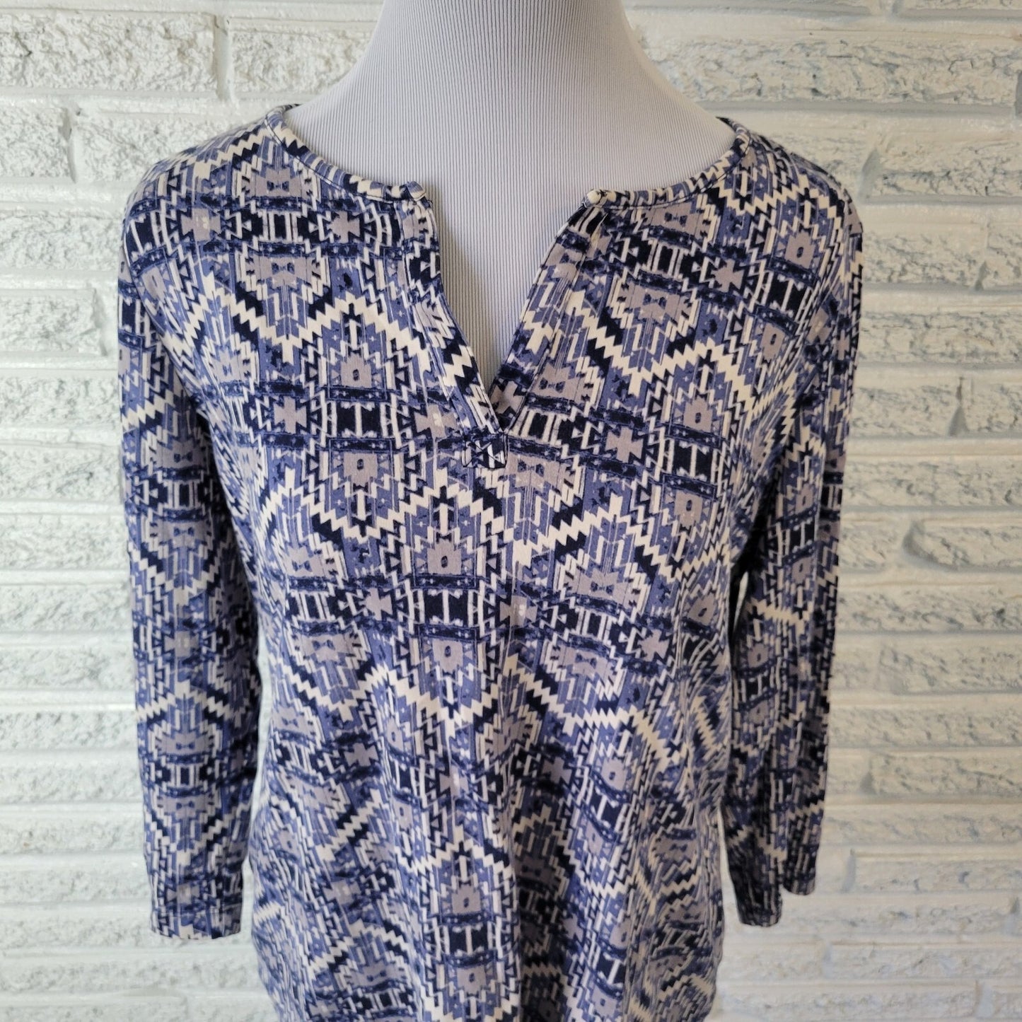Kim Rogers Top XL Extra Large Blue Gray Geometric 3/4 Sleeve 100% Cotton