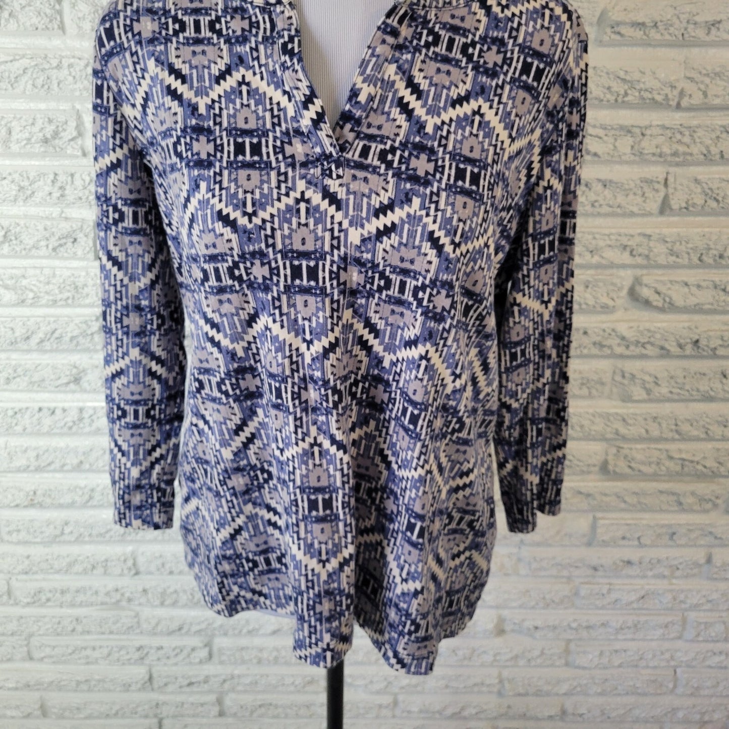 Kim Rogers Top XL Extra Large Blue Gray Geometric 3/4 Sleeve 100% Cotton