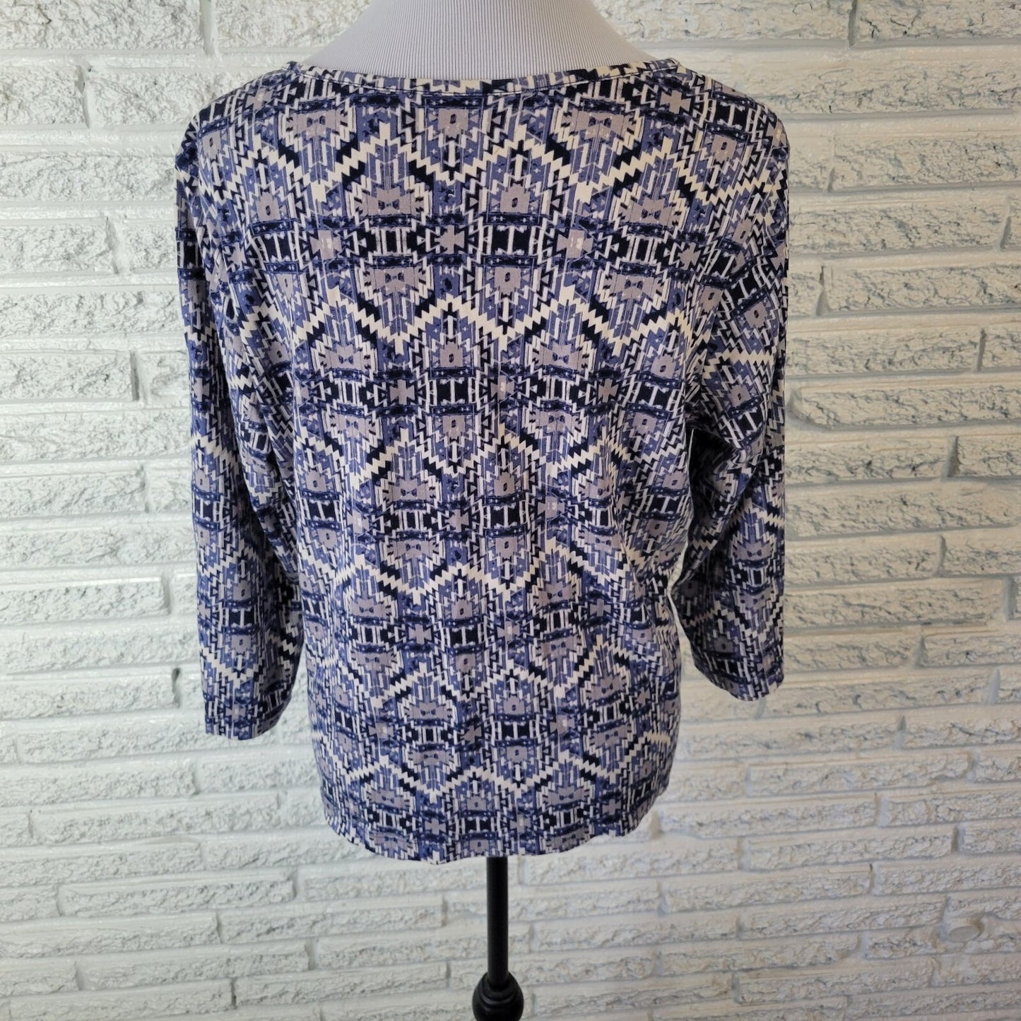 Kim Rogers Top XL Extra Large Blue Gray Geometric 3/4 Sleeve 100% Cotton