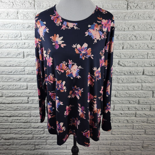 J Jill Fit Womens Top Extra Large XL Tee Long Sleeve Blue Pink Floral Poly Blend