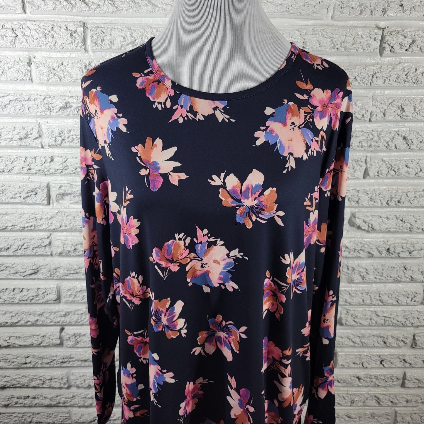 J Jill Fit Womens Top Extra Large XL Tee Long Sleeve Blue Pink Floral Poly Blend