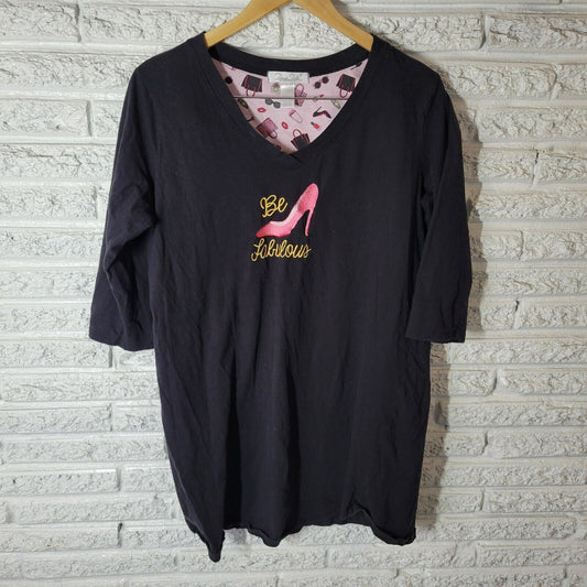 Rene Rofe Womens Pajama Top Extra Large XL Be Fabulous Embroidered Black Cotton
