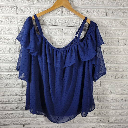 Boutique Womens Top 1X Plus Spaghetti Cold Shoulder Blue Swiss Dot Lightweight