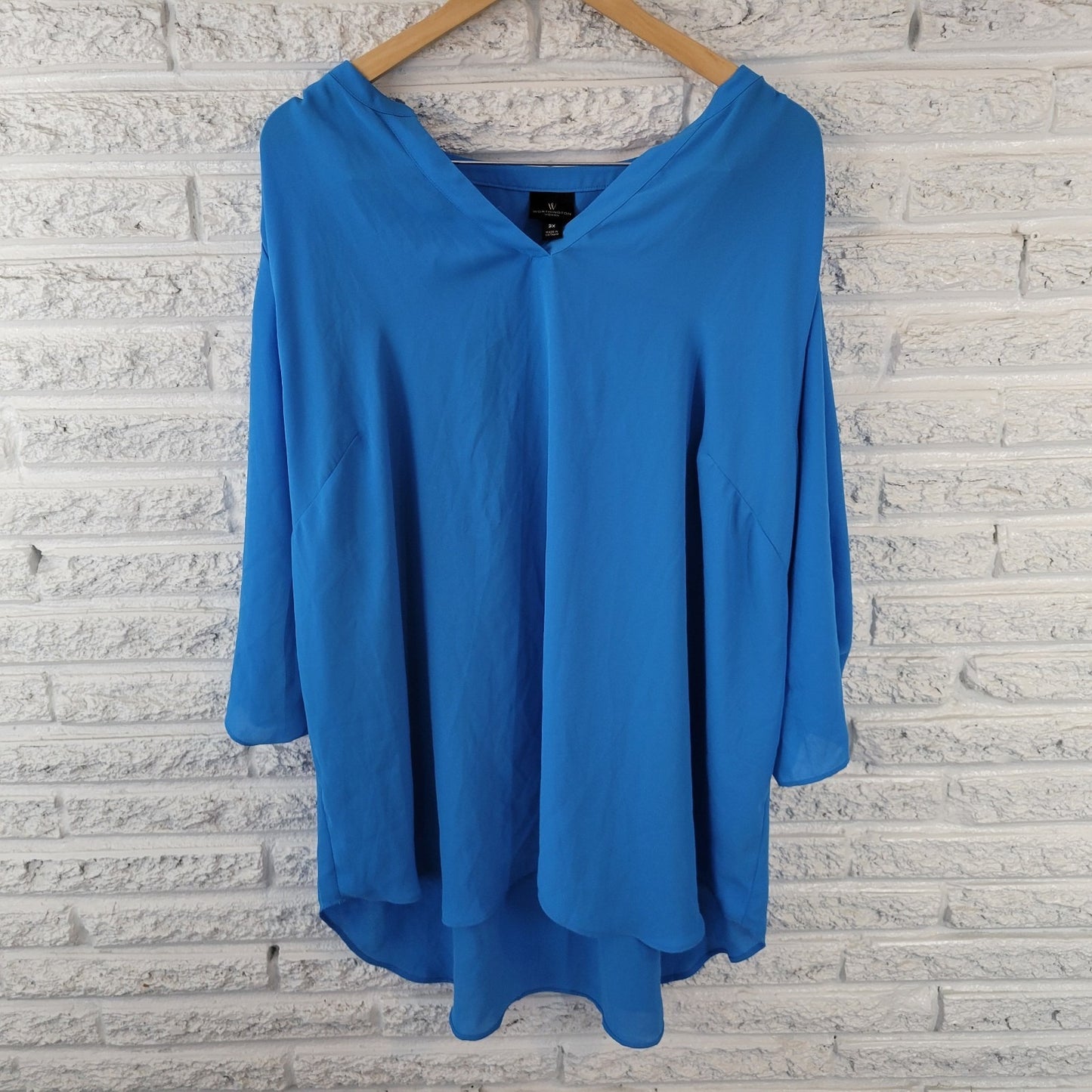 Worthington Womens Top 3X Plus Roll Tab 3/4 Sleeve Blue Lightweight Polyester