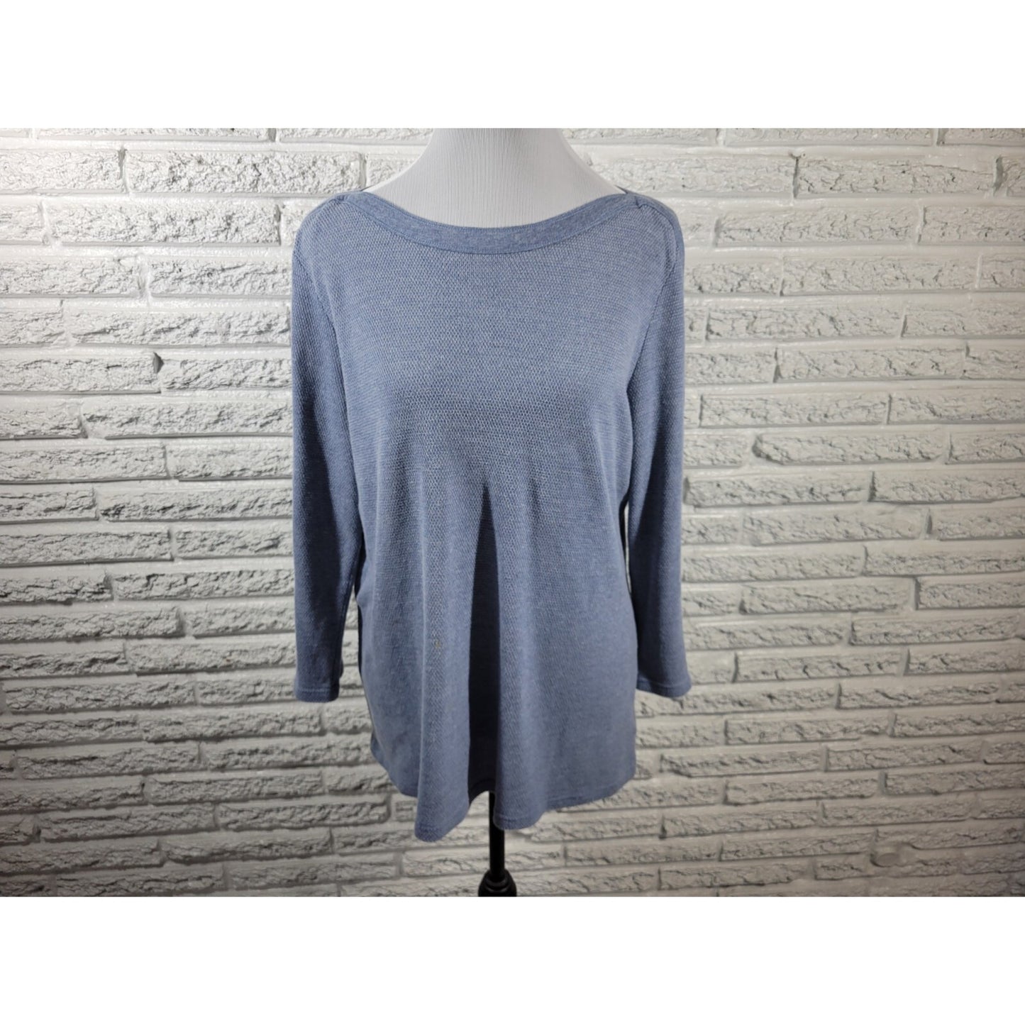 Chaps Womens Top XXL Plus Lace Up Sleeve Blue Sheer Pointelle Stretchy Knit