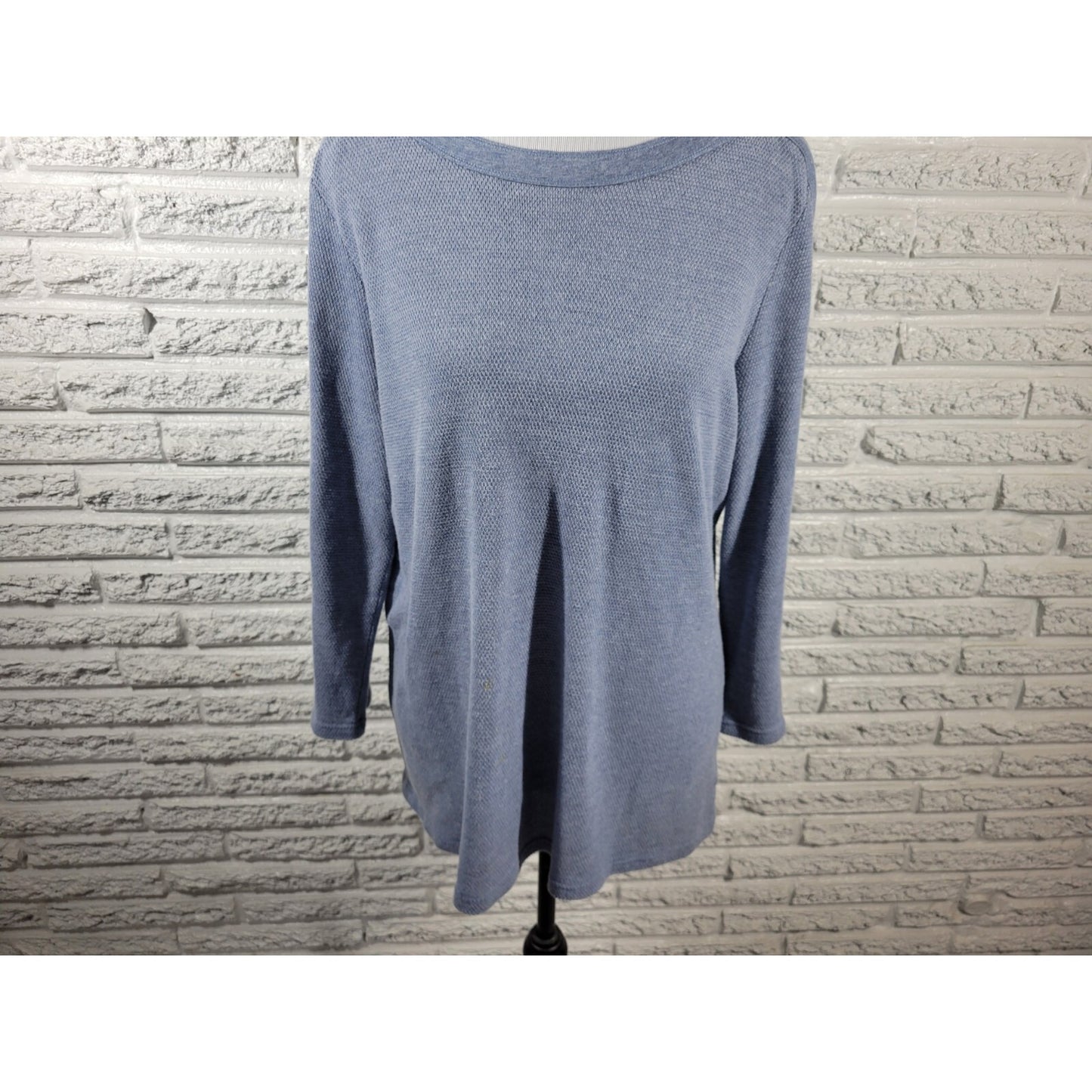 Chaps Womens Top XXL Plus Lace Up Sleeve Blue Sheer Pointelle Stretchy Knit